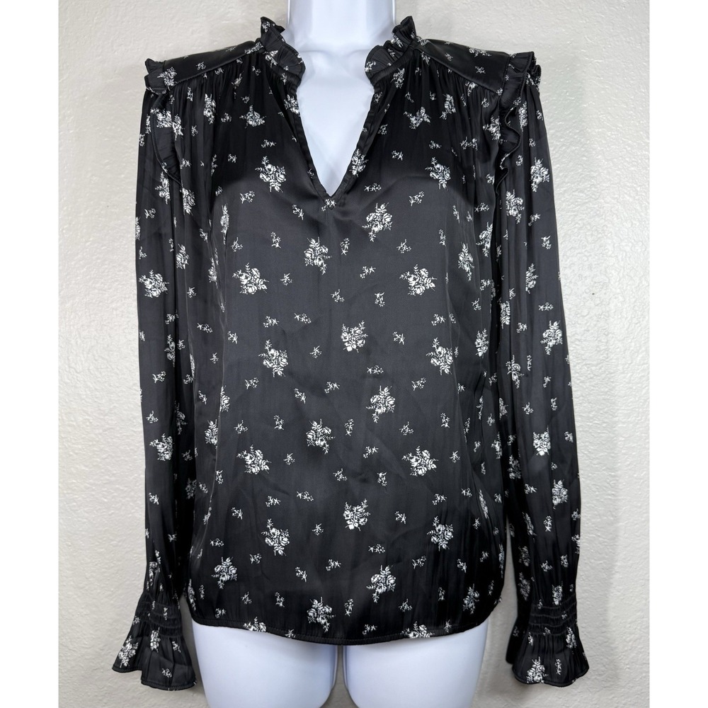GAP Top Womens Size S Black White Floral Satin V-Neck Long Sleeve Ruffles Office
